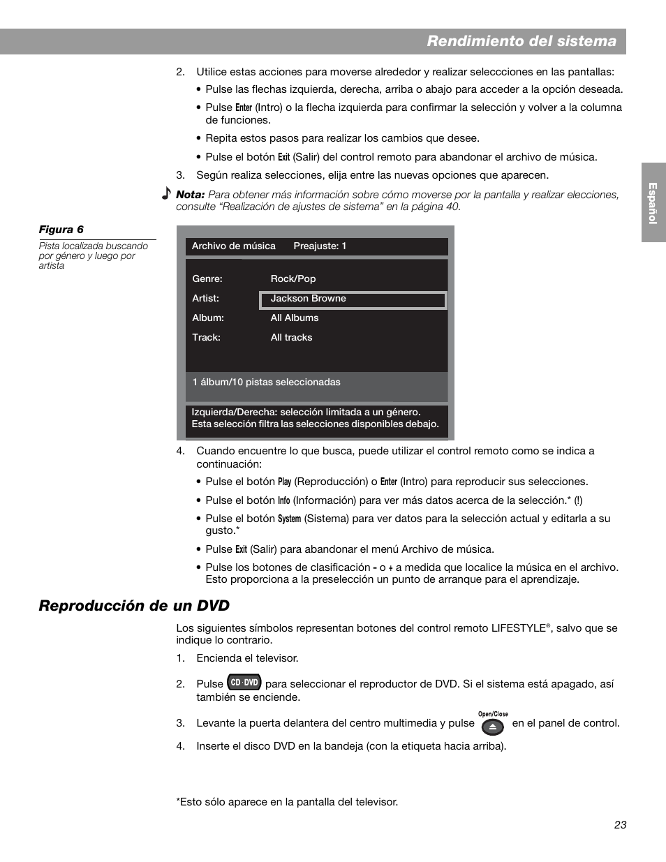 Rendimiento del sistema, Reproducción de un dvd | Bose LIFESTYLE 38 User Manual | Page 81 / 184