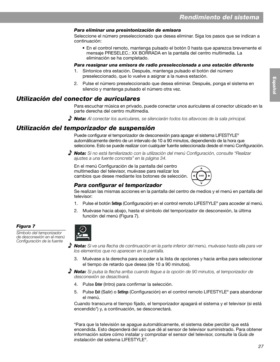 Rendimiento del sistema, Utilización del conector de auriculares, Utilización del temporizador de suspensión | Bose LIFESTYLE 38 User Manual | Page 85 / 184