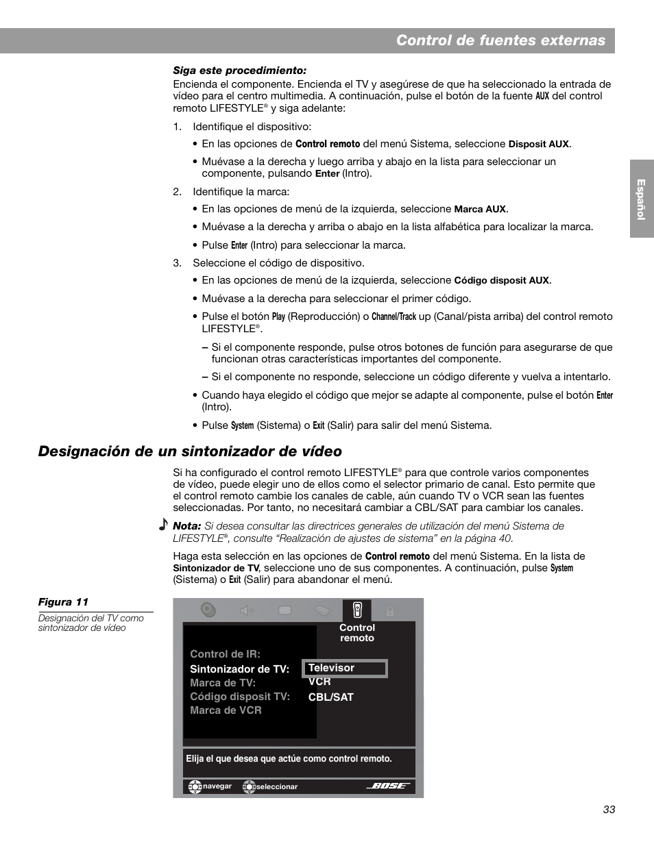 Control de fuentes externas, Designación de un sintonizador de vídeo | Bose LIFESTYLE 38 User Manual | Page 91 / 184