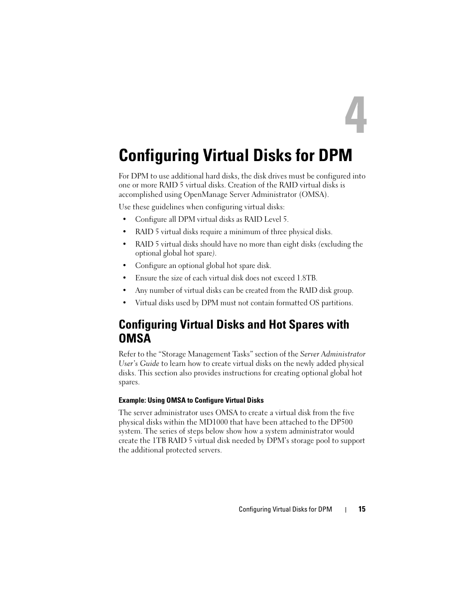 Configuring virtual disks for dpm, Configuring virtual disks and hot spares with omsa | Dell PowerVault DP600 User Manual | Page 15 / 28