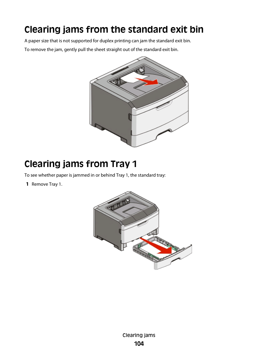Clearing jams from the standard exit bin, Clearing jams from tray 1 | Dell 2230d/dn Mono Laser Printer User Manual | Page 104 / 128
