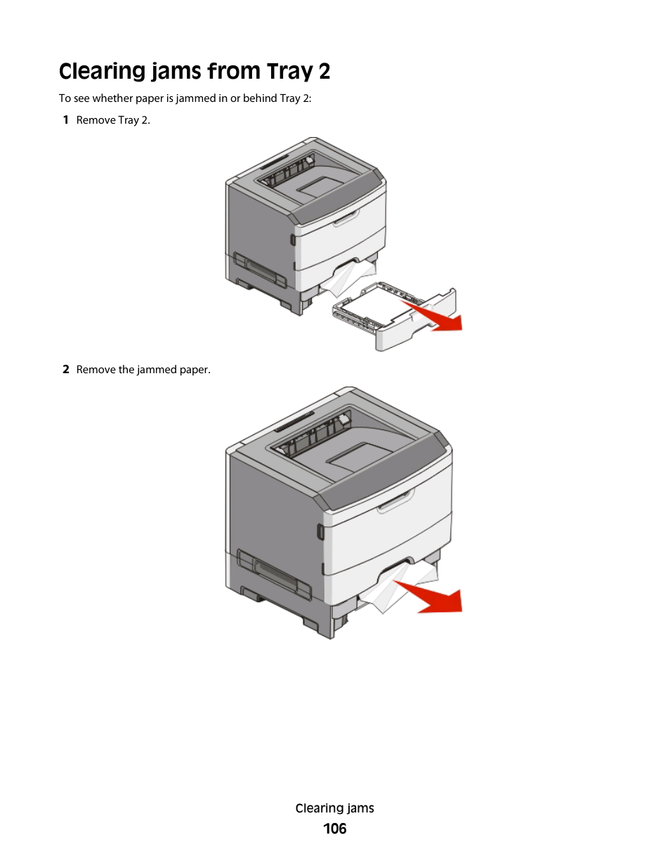 Clearing jams from tray 2 | Dell 2230d/dn Mono Laser Printer User Manual | Page 106 / 128