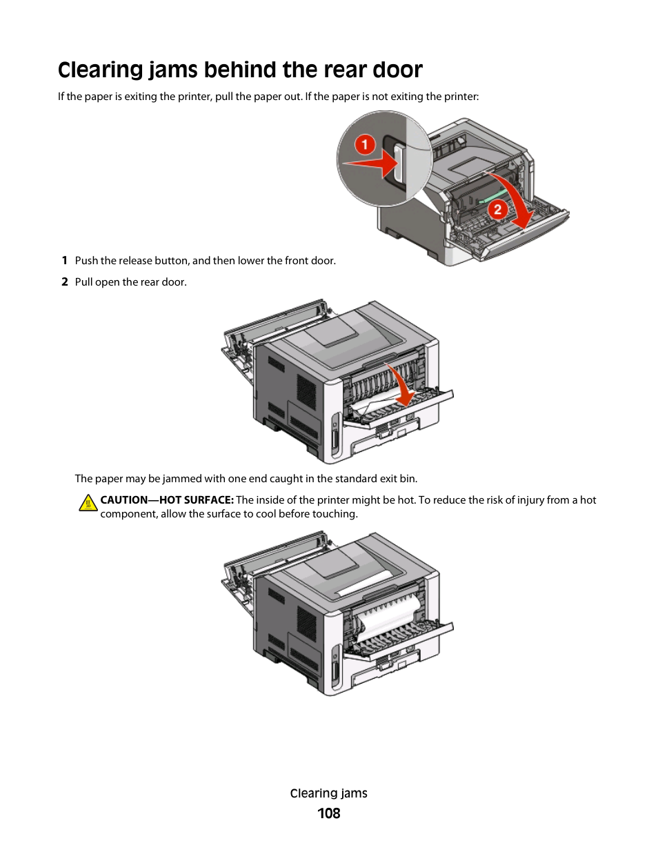 Clearing jams behind the rear door | Dell 2230d/dn Mono Laser Printer User Manual | Page 108 / 128