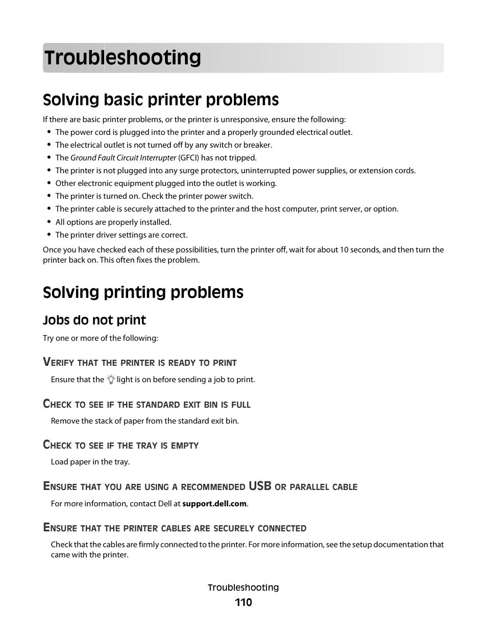 Troubleshooting, Solving basic printer problems, Solving printing problems | Jobs do not print | Dell 2230d/dn Mono Laser Printer User Manual | Page 110 / 128