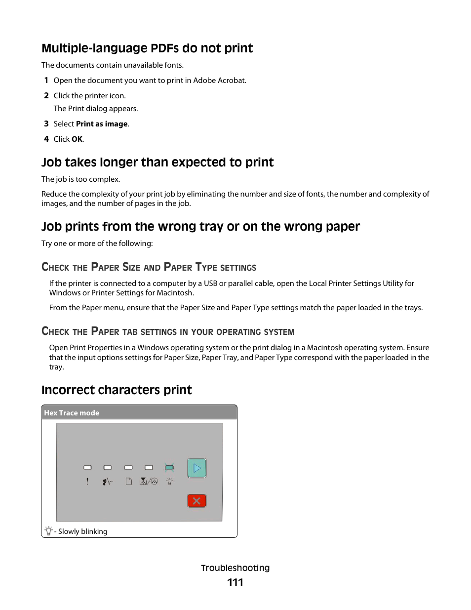 Multiple-language pdfs do not print, Job takes longer than expected to print, Incorrect characters print | Dell 2230d/dn Mono Laser Printer User Manual | Page 111 / 128