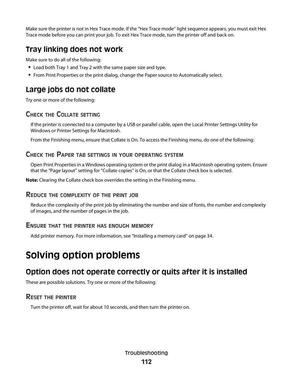 Tray linking does not work, Large jobs do not collate, Solving option problems | Dell 2230d/dn Mono Laser Printer User Manual | Page 112 / 128