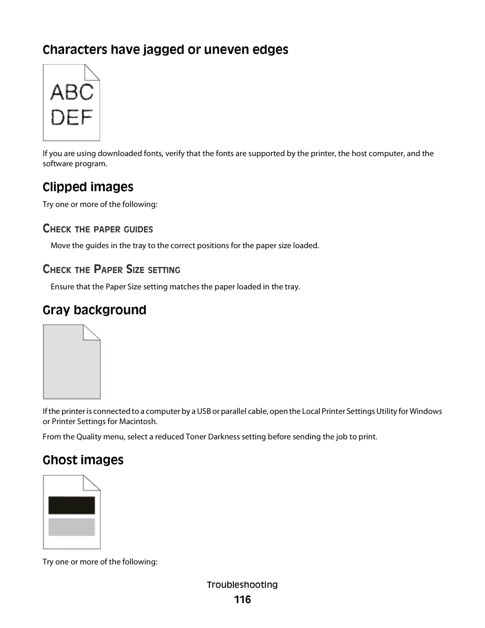 Characters have jagged or uneven edges, Clipped images, Gray background | Ghost images, Clipped images gray background ghost images | Dell 2230d/dn Mono Laser Printer User Manual | Page 116 / 128