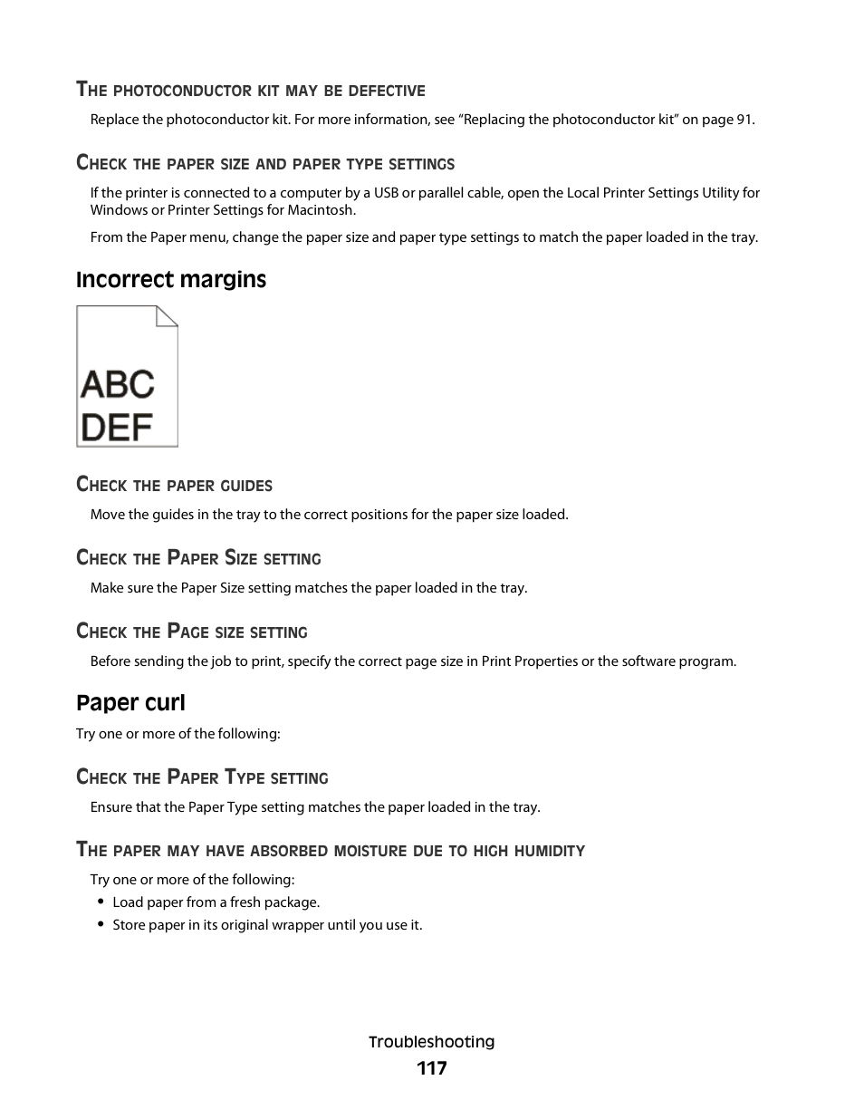 Incorrect margins, Paper curl, Incorrect margins c | Dell 2230d/dn Mono Laser Printer User Manual | Page 117 / 128