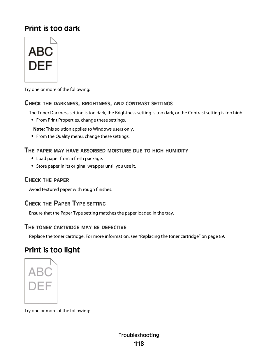 Print is too dark, Print is too light, Print is too dark print is too light | Dell 2230d/dn Mono Laser Printer User Manual | Page 118 / 128