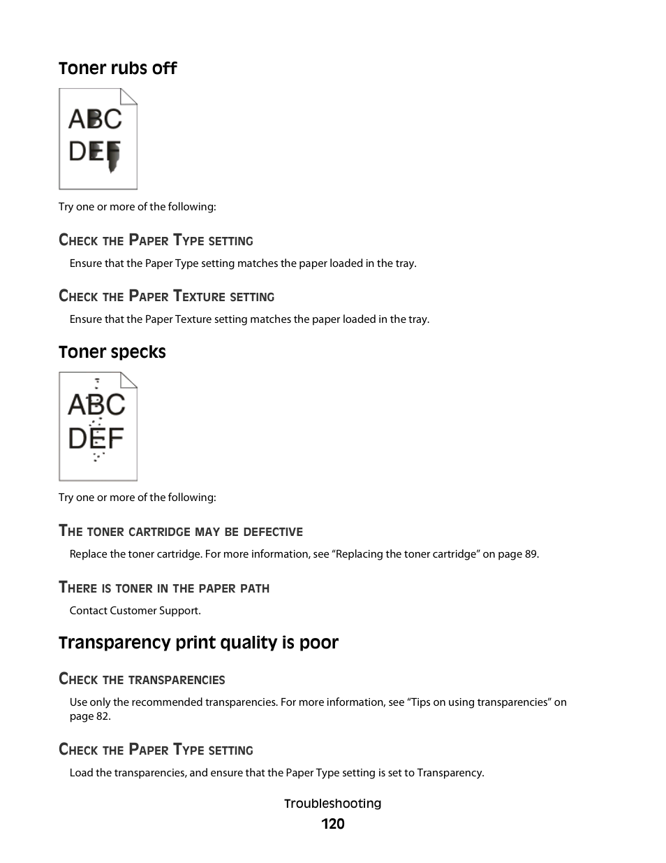 Toner rubs off, Toner specks, Transparency print quality is poor | Toner specks transparency print quality is poor, Transparency print quality is poor c | Dell 2230d/dn Mono Laser Printer User Manual | Page 120 / 128