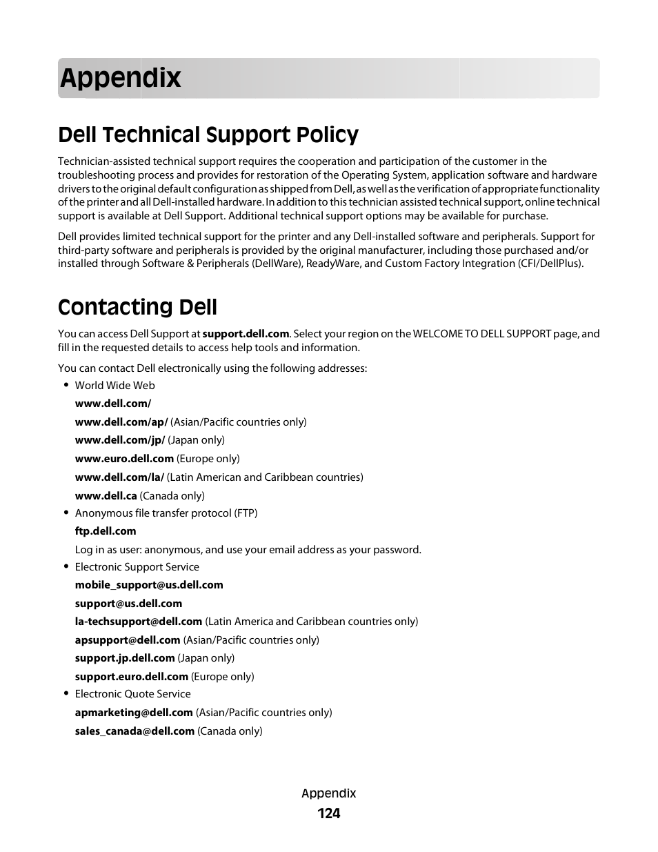 Appendix, Dell technical support policy, Contacting dell | Dell 2230d/dn Mono Laser Printer User Manual | Page 124 / 128