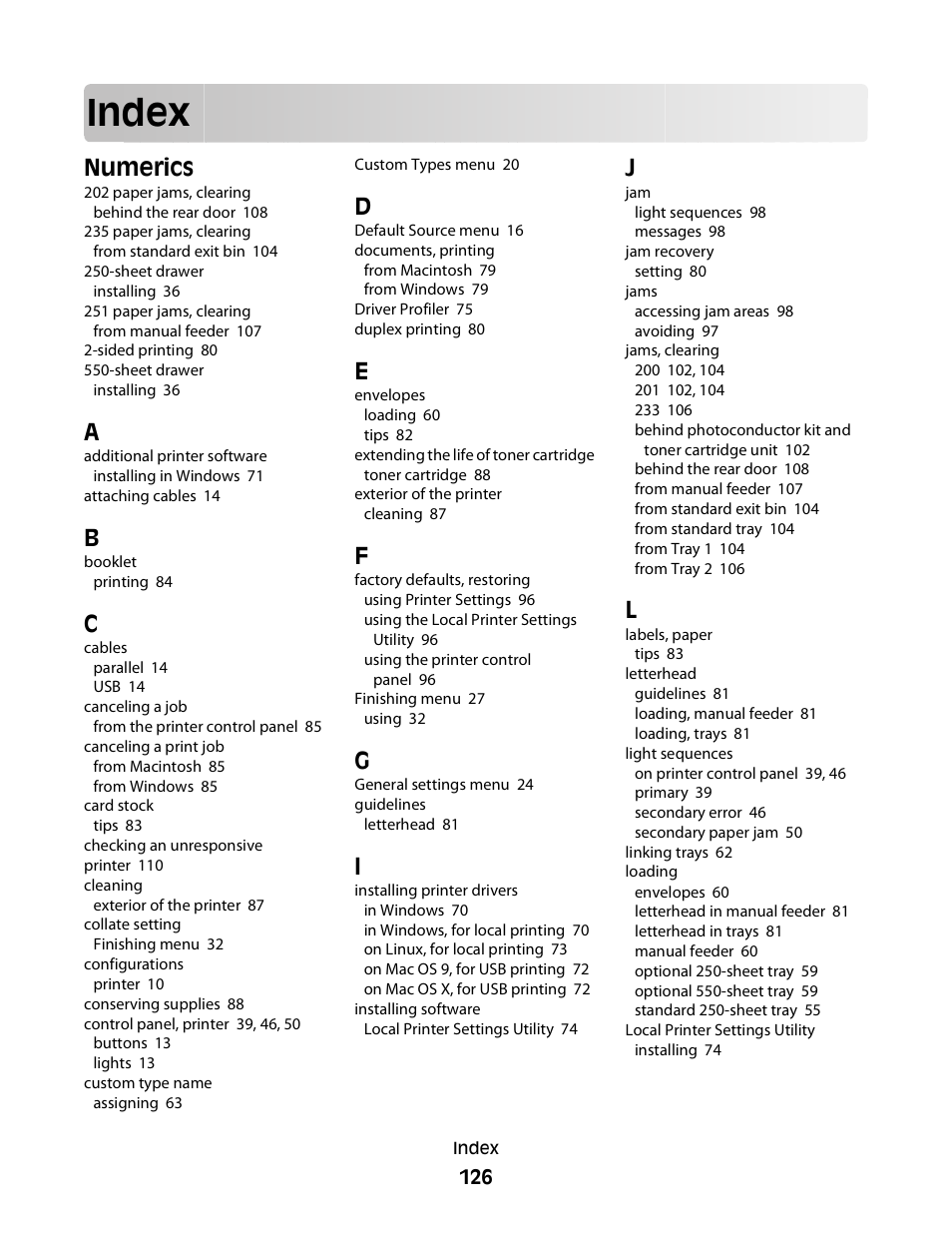 Index, Numerics | Dell 2230d/dn Mono Laser Printer User Manual | Page 126 / 128