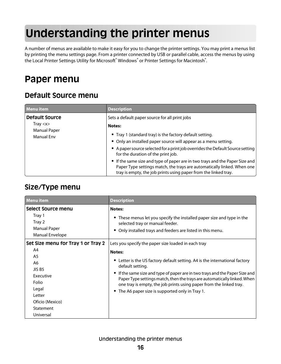 Understanding the printer menus, Paper menu, Default source menu | Size/type menu | Dell 2230d/dn Mono Laser Printer User Manual | Page 16 / 128