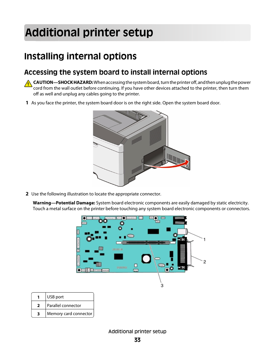 Additional printer setup, Installing internal options | Dell 2230d/dn Mono Laser Printer User Manual | Page 33 / 128
