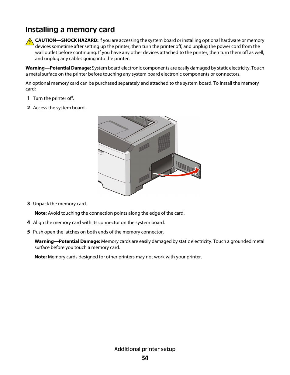 Installing a memory card | Dell 2230d/dn Mono Laser Printer User Manual | Page 34 / 128