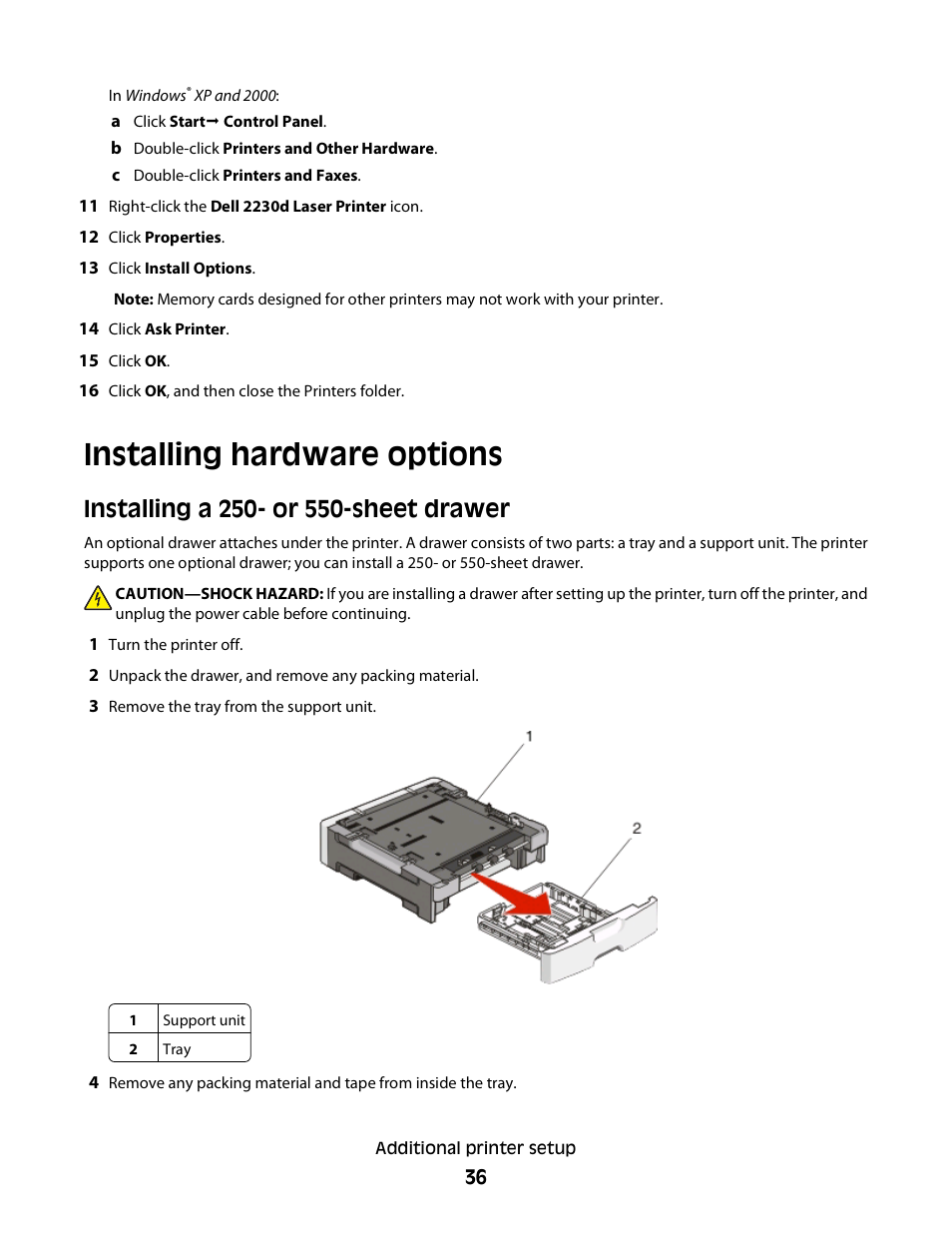 Installing hardware options, Installing a 250- or 550-sheet drawer | Dell 2230d/dn Mono Laser Printer User Manual | Page 36 / 128