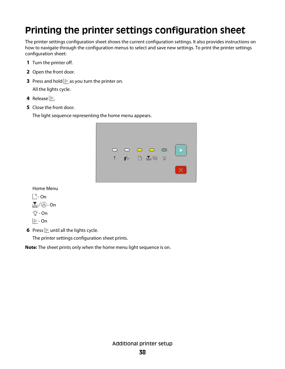 Printing the printer settings configuration sheet | Dell 2230d/dn Mono Laser Printer User Manual | Page 38 / 128