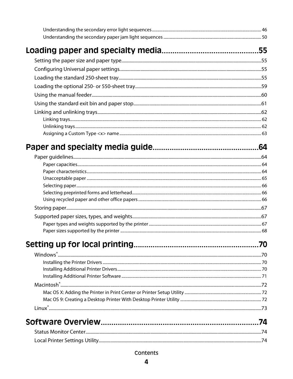 Loading paper and specialty media, Paper and specialty media guide, Setting up for local printing | Software overview | Dell 2230d/dn Mono Laser Printer User Manual | Page 4 / 128