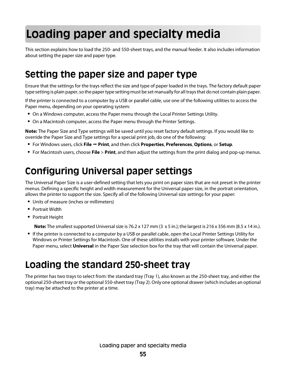 Loading paper and specialty media, Setting the paper size and paper type, Configuring universal paper settings | Loading the standard 250-sheet tray | Dell 2230d/dn Mono Laser Printer User Manual | Page 55 / 128