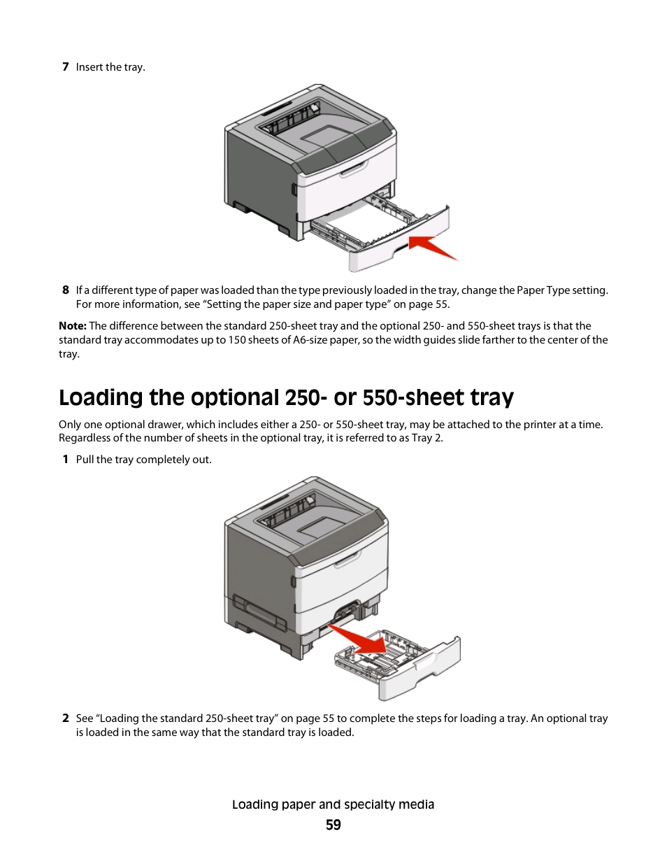 Loading the optional 250- or 550-sheet tray | Dell 2230d/dn Mono Laser Printer User Manual | Page 59 / 128