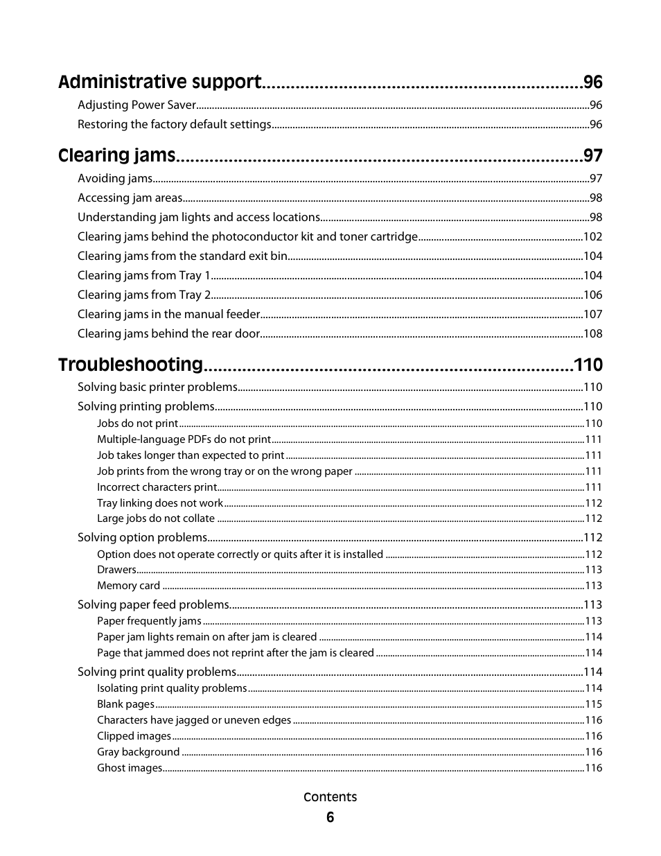 Administrative support, Clearing jams, Troubleshooting | Dell 2230d/dn Mono Laser Printer User Manual | Page 6 / 128