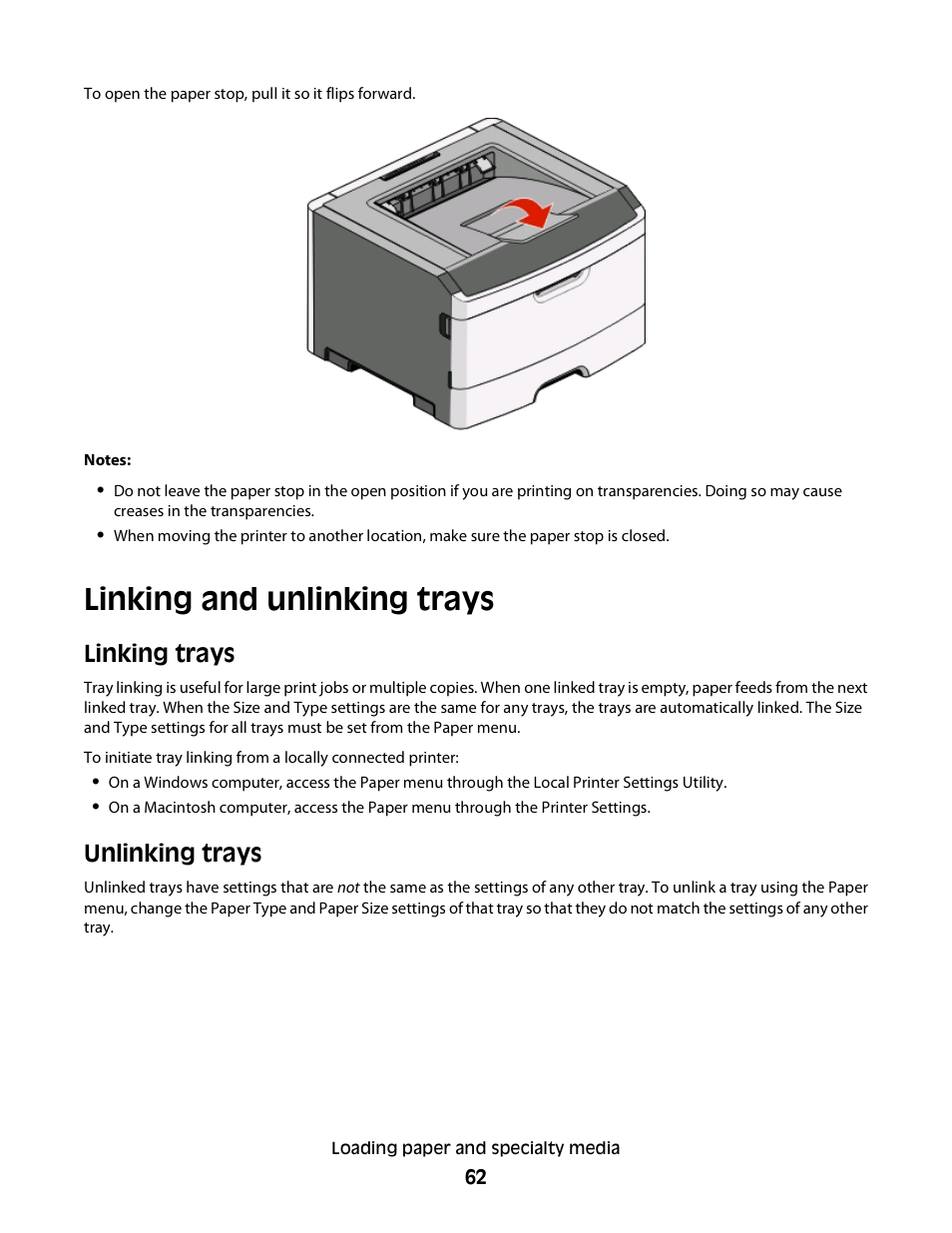 Linking and unlinking trays, Linking trays, Unlinking trays | Dell 2230d/dn Mono Laser Printer User Manual | Page 62 / 128
