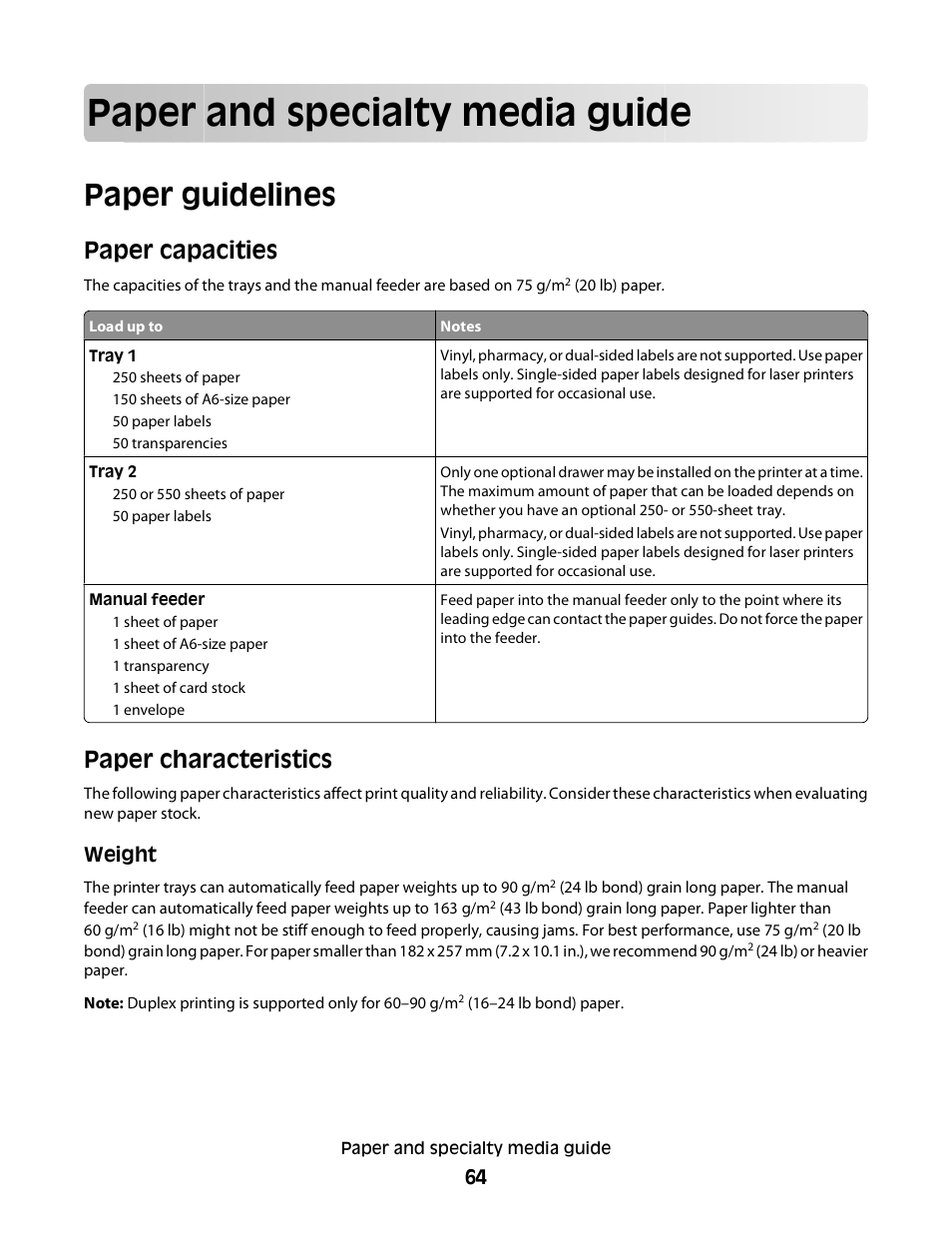Paper and specialty media guide, Paper guidelines, Paper capacities | Paper characteristics, Paper capacities paper characteristics | Dell 2230d/dn Mono Laser Printer User Manual | Page 64 / 128