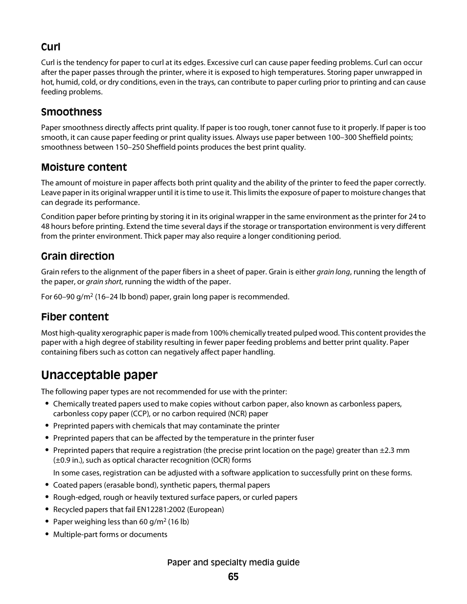 Unacceptable paper | Dell 2230d/dn Mono Laser Printer User Manual | Page 65 / 128