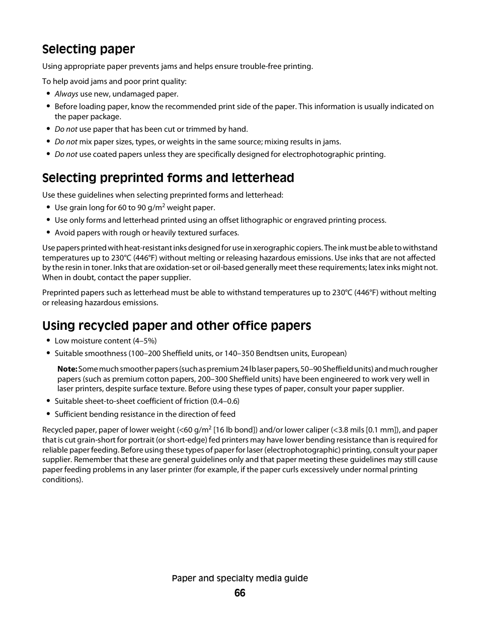 Selecting paper, Selecting preprinted forms and letterhead, Using recycled paper and other office papers | Dell 2230d/dn Mono Laser Printer User Manual | Page 66 / 128