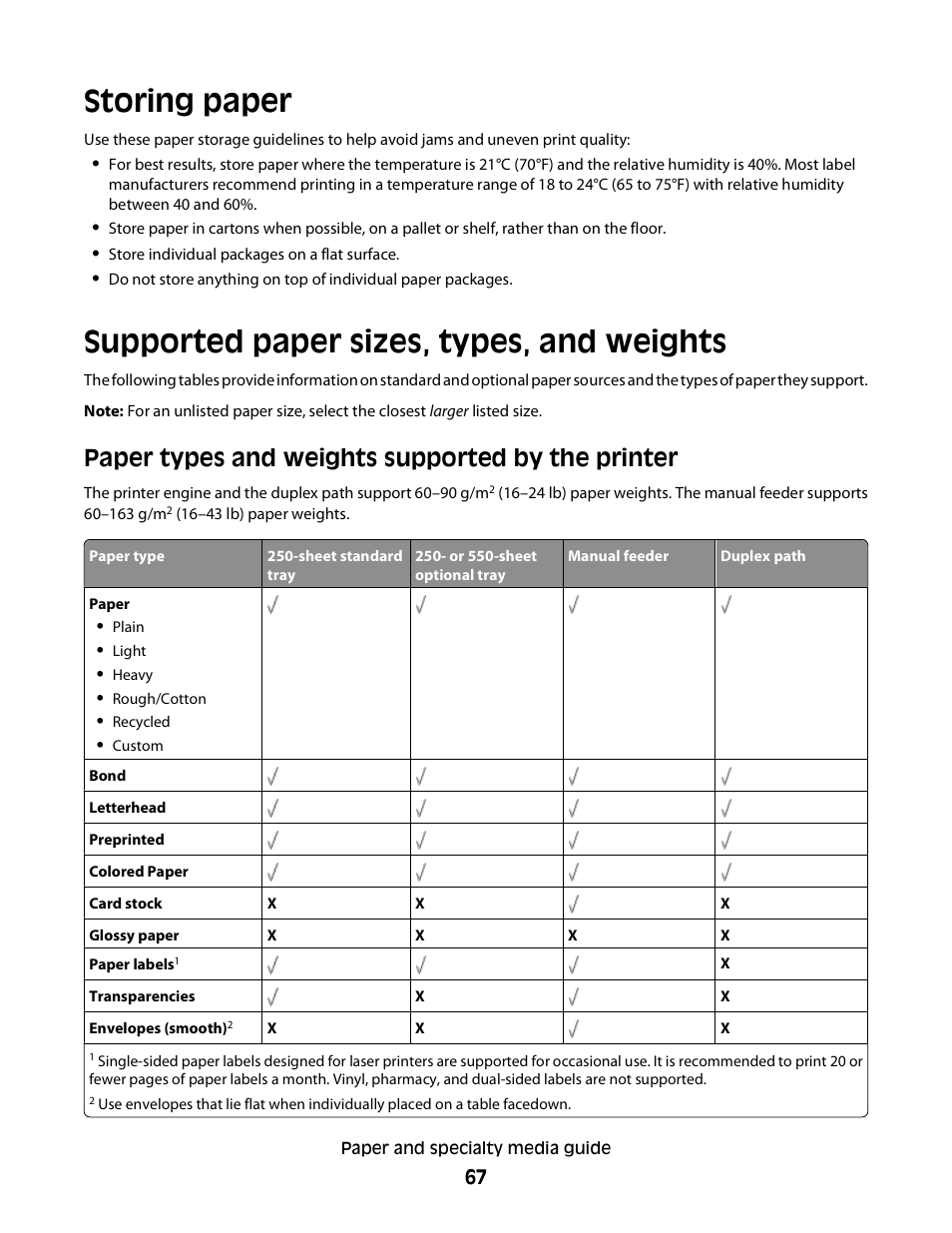 Storing paper, Supported paper sizes, types, and weights, Paper types and weights supported by the printer | Dell 2230d/dn Mono Laser Printer User Manual | Page 67 / 128