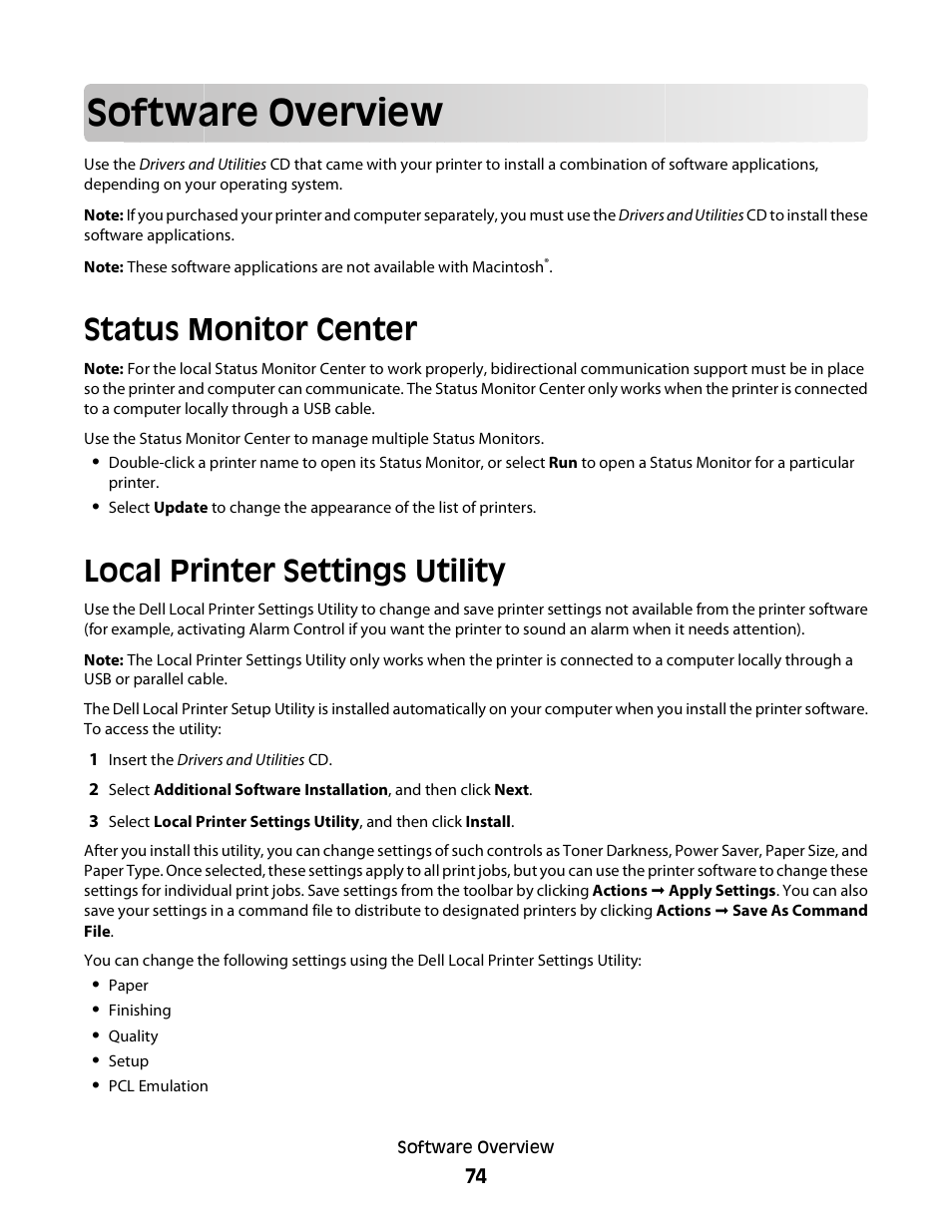 Software overview, Status monitor center, Local printer settings utility | Dell 2230d/dn Mono Laser Printer User Manual | Page 74 / 128