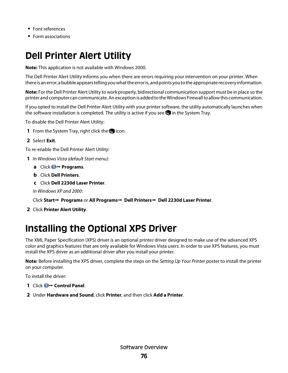 Dell printer alert utility, Installing the optional xps driver | Dell 2230d/dn Mono Laser Printer User Manual | Page 76 / 128