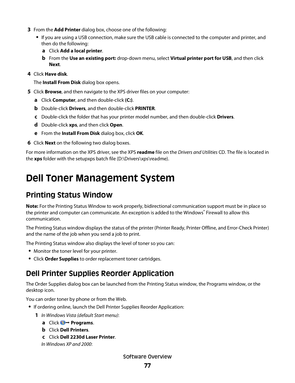 Dell toner management system, Printing status window, Dell printer supplies reorder application | Dell 2230d/dn Mono Laser Printer User Manual | Page 77 / 128