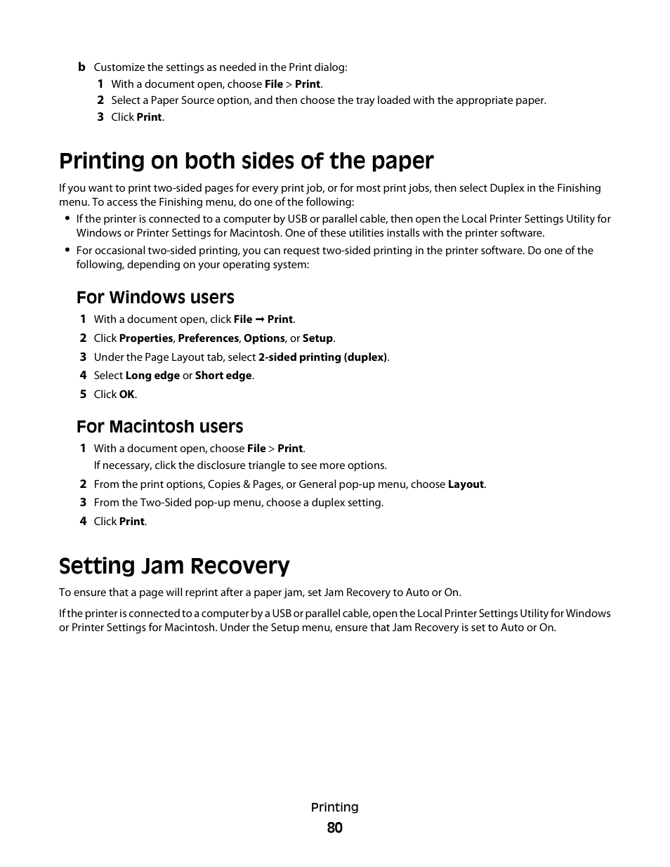 Printing on both sides of the paper, Setting jam recovery, For windows users | For macintosh users | Dell 2230d/dn Mono Laser Printer User Manual | Page 80 / 128