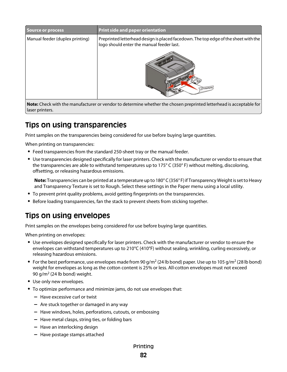Tips on using transparencies, Tips on using envelopes | Dell 2230d/dn Mono Laser Printer User Manual | Page 82 / 128