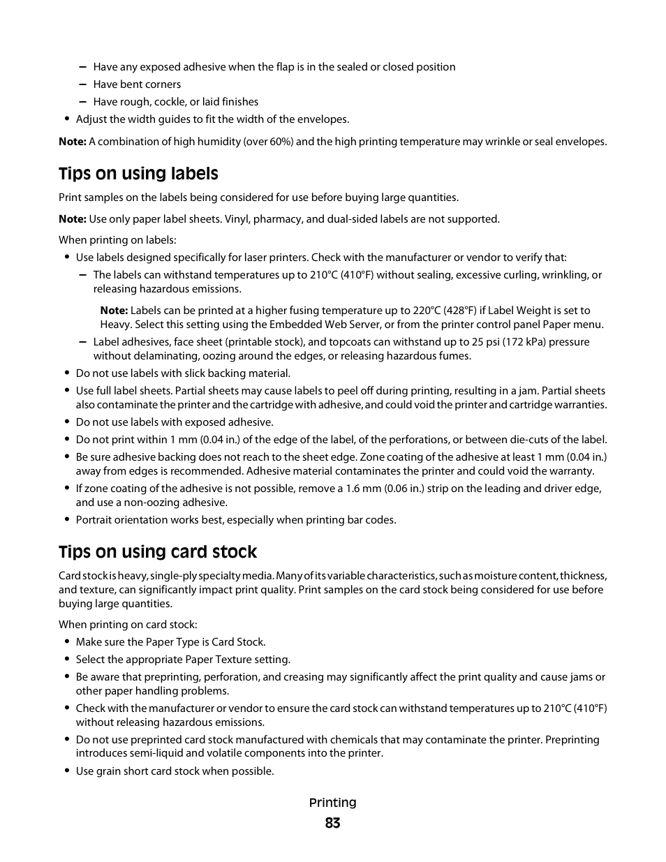Tips on using labels, Tips on using card stock | Dell 2230d/dn Mono Laser Printer User Manual | Page 83 / 128