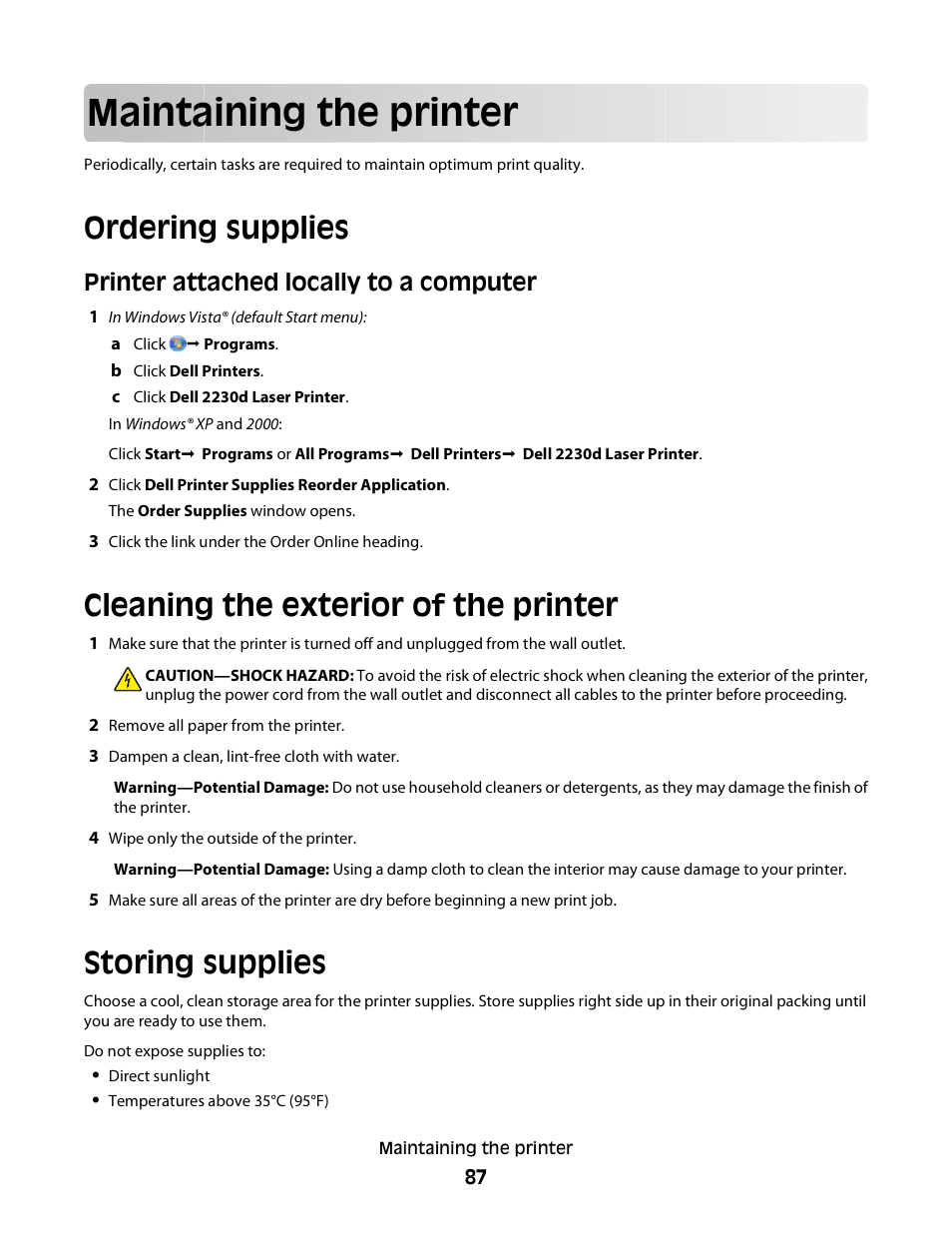 Maintaining the printer, Ordering supplies, Printer attached locally to a computer | Cleaning the exterior of the printer, Storing supplies | Dell 2230d/dn Mono Laser Printer User Manual | Page 87 / 128