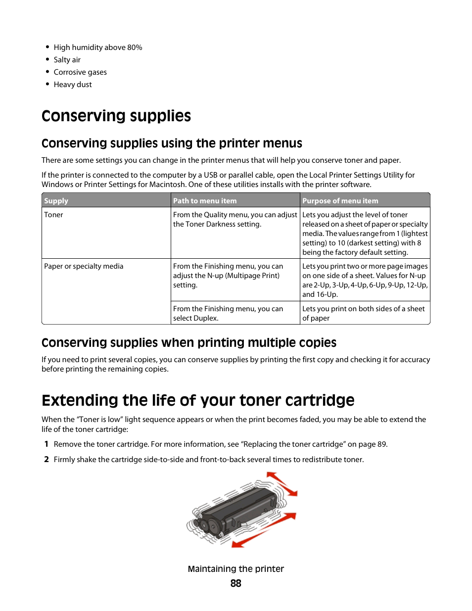 Conserving supplies, Extending the life of your toner cartridge, Conserving supplies using the printer menus | Conserving supplies when printing multiple copies | Dell 2230d/dn Mono Laser Printer User Manual | Page 88 / 128