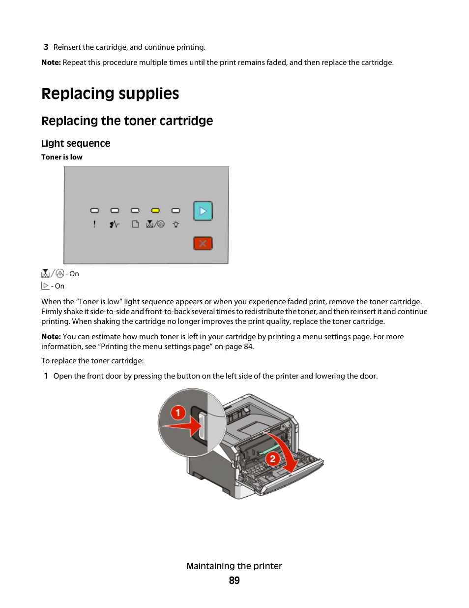 Replacing supplies, Replacing the toner cartridge | Dell 2230d/dn Mono Laser Printer User Manual | Page 89 / 128