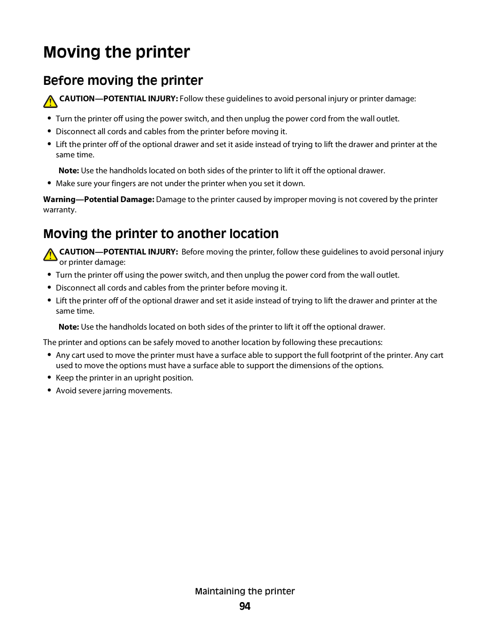 Moving the printer, Before moving the printer, Moving the printer to another location | Dell 2230d/dn Mono Laser Printer User Manual | Page 94 / 128