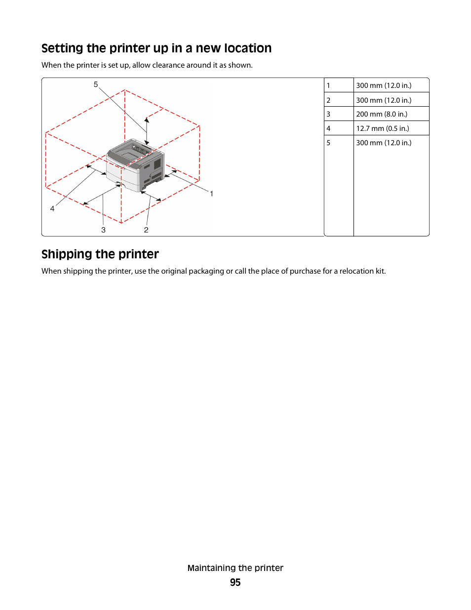 Setting the printer up in a new location, Shipping the printer | Dell 2230d/dn Mono Laser Printer User Manual | Page 95 / 128