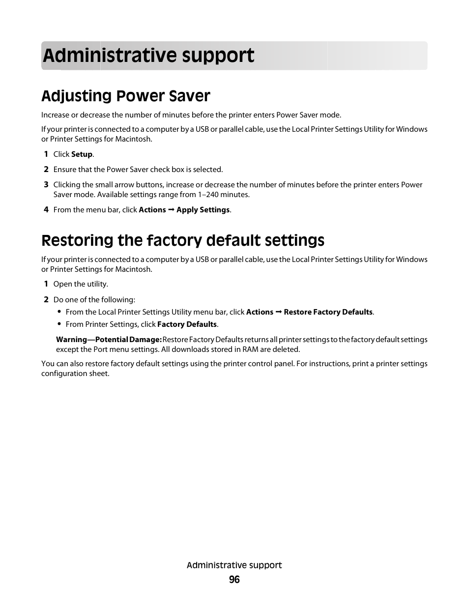 Administrative support, Adjusting power saver, Restoring the factory default settings | Dell 2230d/dn Mono Laser Printer User Manual | Page 96 / 128