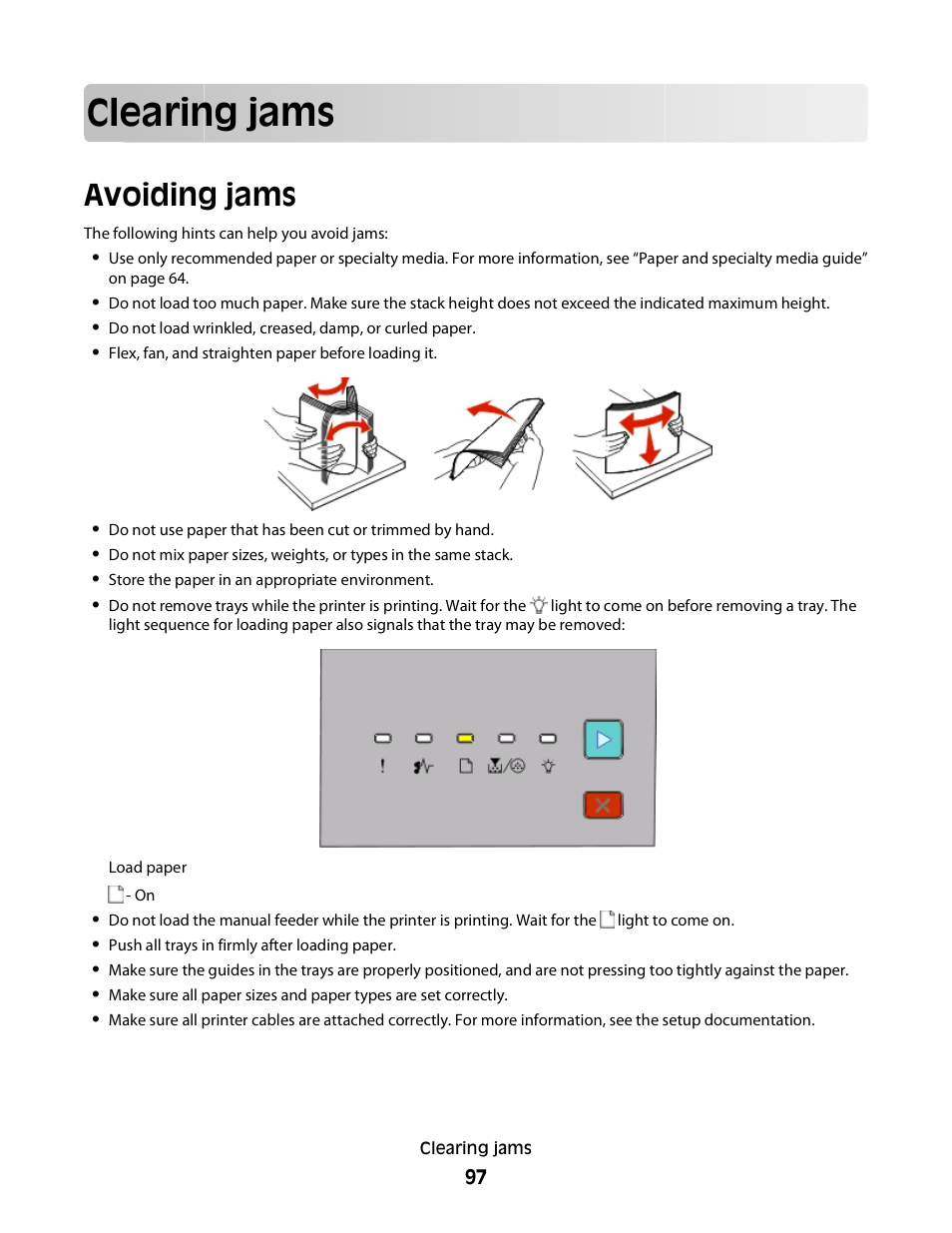 Clearing jams, Avoiding jams | Dell 2230d/dn Mono Laser Printer User Manual | Page 97 / 128