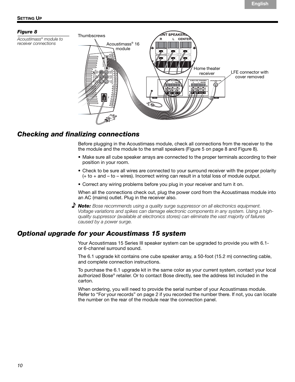 Checking and finalizing connections, Optional upgrade for your acoustimass 15 system | Bose 15 Series III User Manual | Page 10 / 44