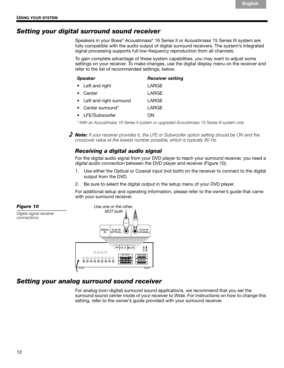 Setting your digital surround sound receiver, Setting your analog surround sound receiver | Bose 15 Series III User Manual | Page 12 / 44
