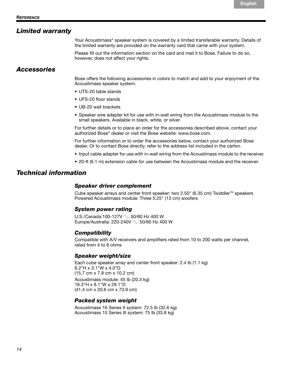 Limited warranty, Accessories, Technical information | Bose 15 Series III User Manual | Page 14 / 44