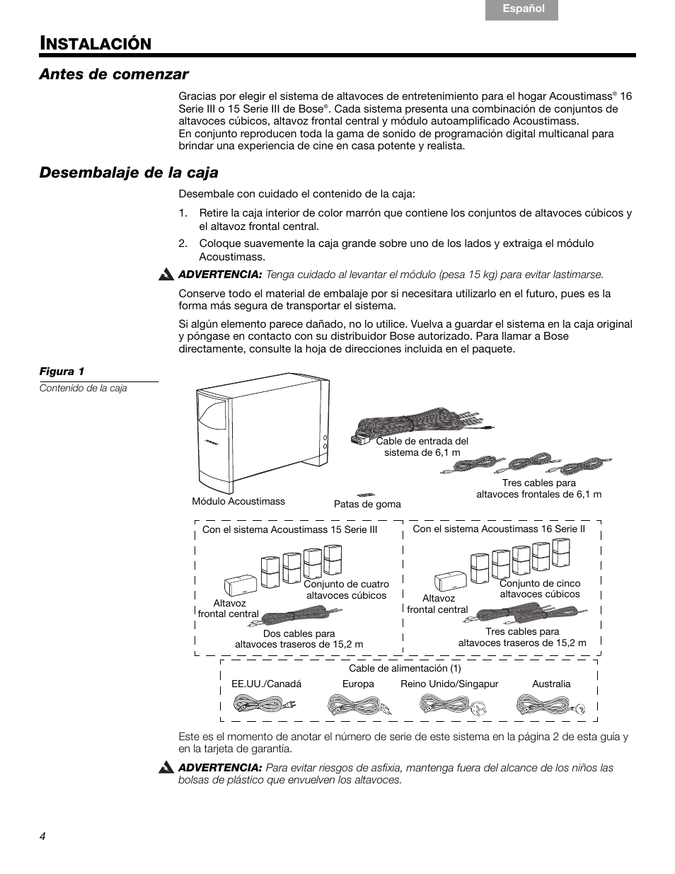 Nstalación, Antes de comenzar, Desembalaje de la caja | Bose 15 Series III User Manual | Page 18 / 44
