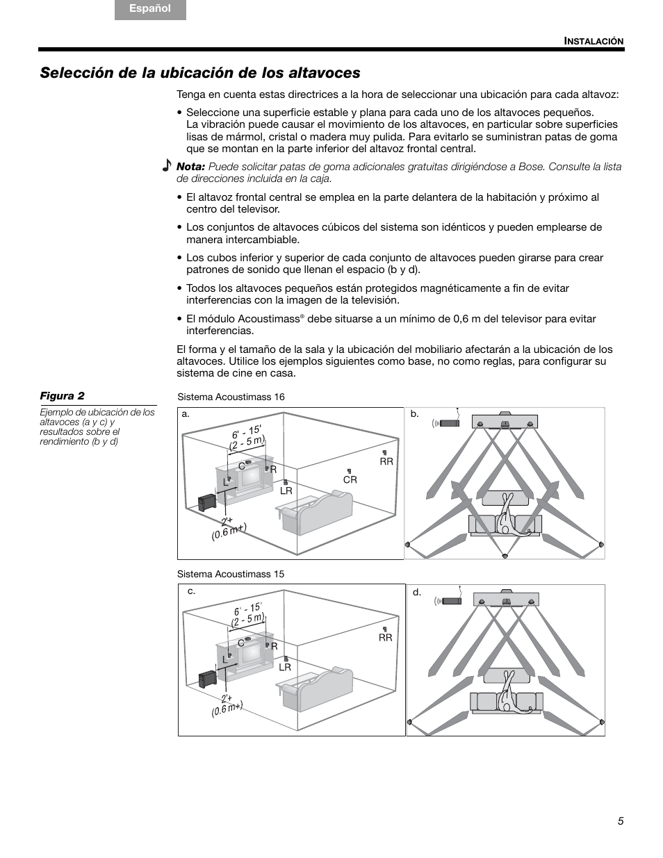 Selección de la ubicación de los altavoces | Bose 15 Series III User Manual | Page 19 / 44