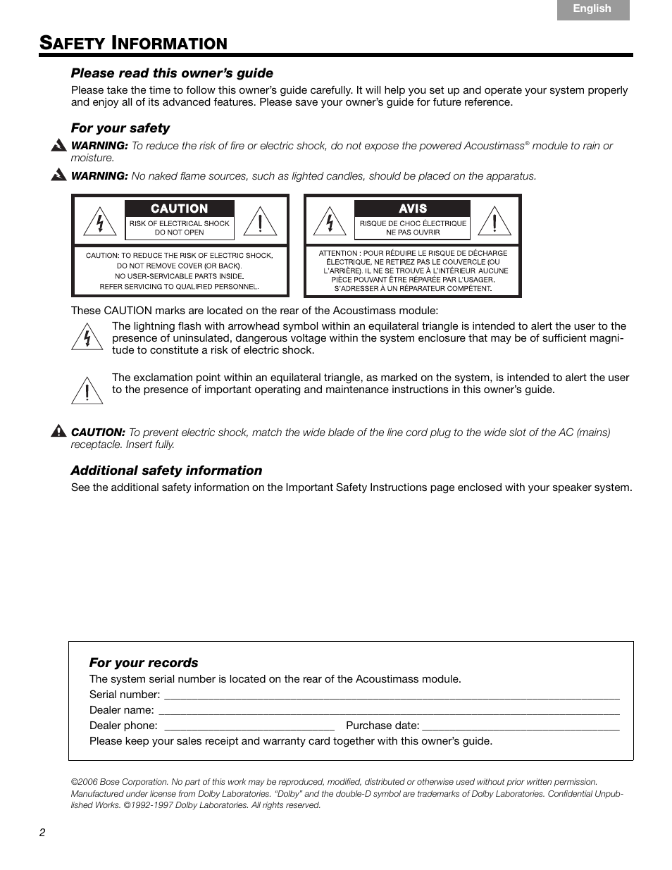 Afety, Nformation | Bose 15 Series III User Manual | Page 2 / 44
