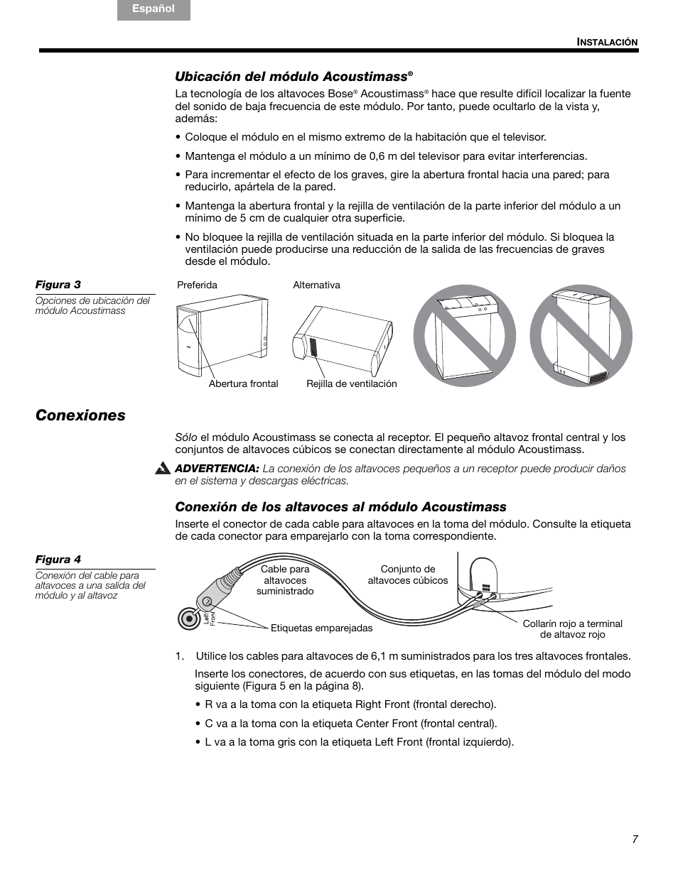 Conexiones, Ubicación del módulo acoustimass, Conexión de los altavoces al módulo acoustimass | Bose 15 Series III User Manual | Page 21 / 44